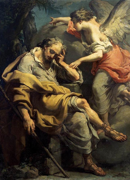 An Angel Appears to Joseph in a Dream, by Gaetano Gandolfi, c. 1790. Church tradition holds that Joseph was an older man.